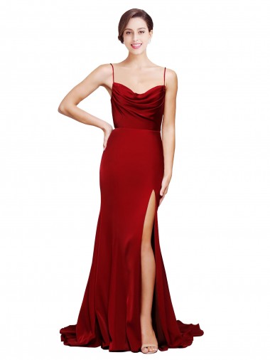 Best Cowl Front Neck Sweep Train Formal Stretch Satin Bridesmaid Dress / Prom Dress with High Side Split