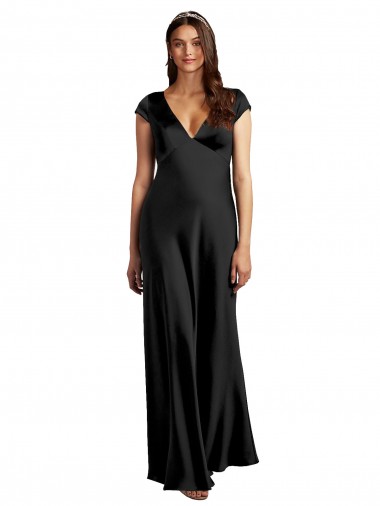 Best Plunging V-Neck Cap Cleeves Long Formal Stretch Satin Bridesmaid Dress / Prom Dress with Keyhole Back