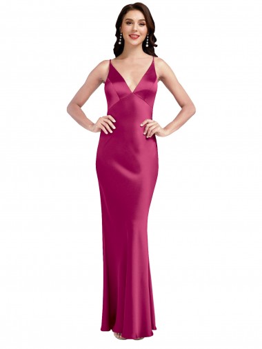 Best V-Neck Spaghetti Straps Slim Formal Stretch Satin Bridesmaid Dress / Prom Dress with Low Scoop Back