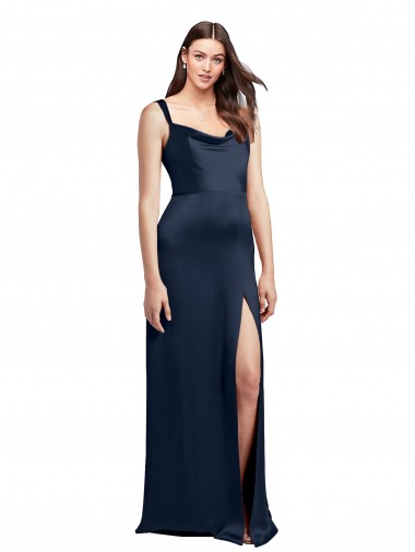 Best Cowl Neck Soft Long Formal Stretch Satin Bridesmaid Dress / Prom Dress with Side Slit and Pleated Straps