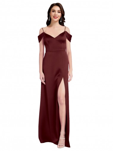 Best Draped Off the Shoulder Sleeves Slim A-Line Formal Stretch Satin Bridesmaid Dress / Prom Dress with Side Slit
