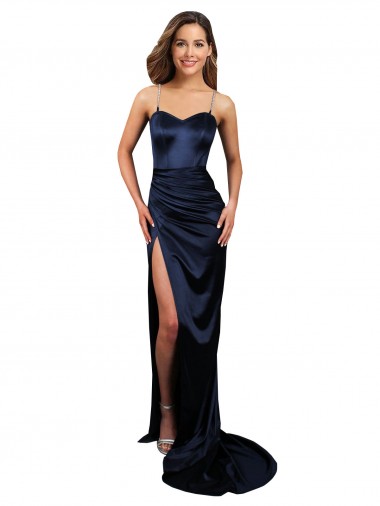 Best Pleated Sash Skirt Long Formal Stretch Satin Bridesmaid Dress / Prom Dress with High Slit