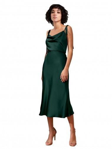 Best Spaghetti Straps Tie Shoulders Cowl Neck Short Midi Length Formal Stretch Satin Cocktail Bridesmaid Dress / Prom Dress