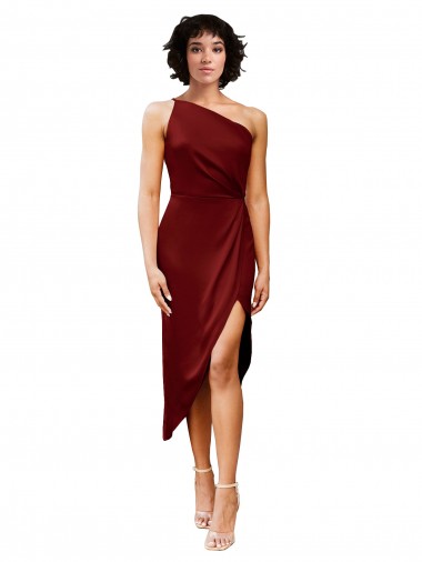 Best One Shoulder Cocktail Midi Length Short Formal Stretch Satin Wrap Style Bridesmaid Dress / Prom Dress