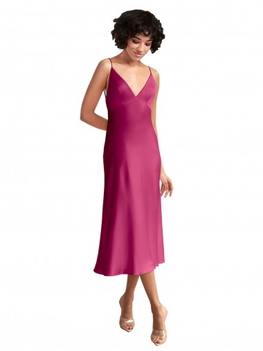 Best Midi Length V-Neck Short Formal Stretch Satin Bridesmaid Dress / Cocktail Prom Dress with Low Scoop Back