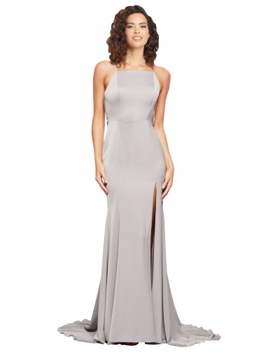 Best High Neck Low Back Long Full Length Formal Stretch Satin Bridesmaid Dress / Prom Dress