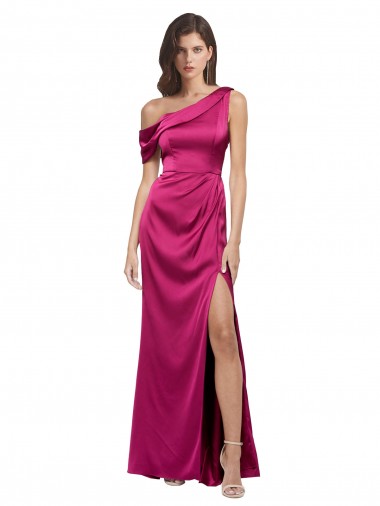 Best Off the Shoulder Short Sleeves Formal Stretch Satin Bridesmaid Dress / Prom Dress with Side Slit