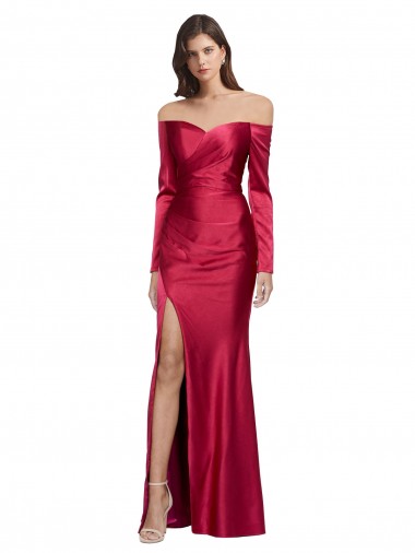 Best Long Sleeves Off the Shoulder Formal Stretch Satin Bridesmaid Dress / Prom Dress with High Side Split