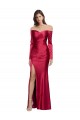 Long Sleeves Off the Shoulder Formal Stretch Satin Bridesmaid Dress / Prom Dress with High Side Split