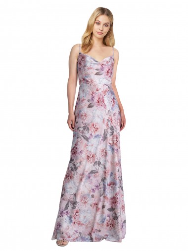 Best Draped Cowl Neck Long Printed Formal Stretch Satin Bridesmaid Dress