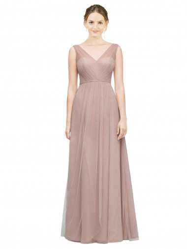 Best Full Length Draped Long V-Neck Tulle Bridesmaid Dress