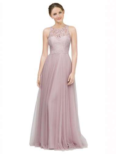 Best High Neck Long Tulle Bridesmaid Dress with Lace Bodice