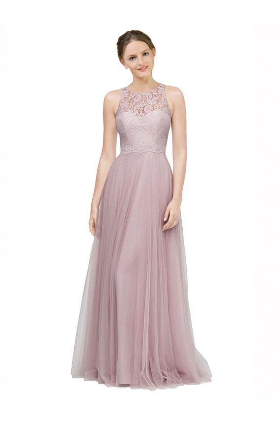 High Neck Long Tulle Bridesmaid Dress with Lace Bodice
