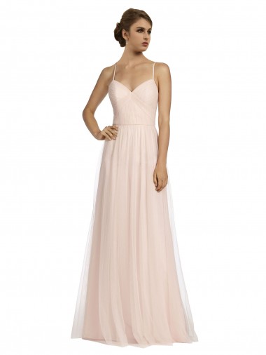 Best Long Draped Back A-Line Tulle Bridesmaid Dress with Pleated Bodice
