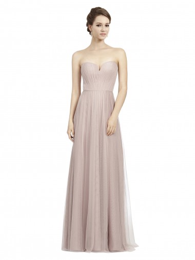 Best Long Strapless Tulle Bridesmaid Dress with Pleated Bodice