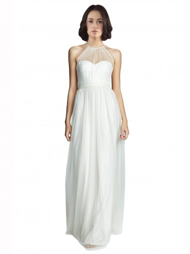 Best High Neckline Long Tulle Bridesmaid Dress with Illusion Front