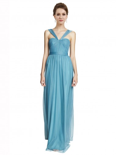 Best Floor Length Inverted V-Neck Tulle Bridesmaids Dress