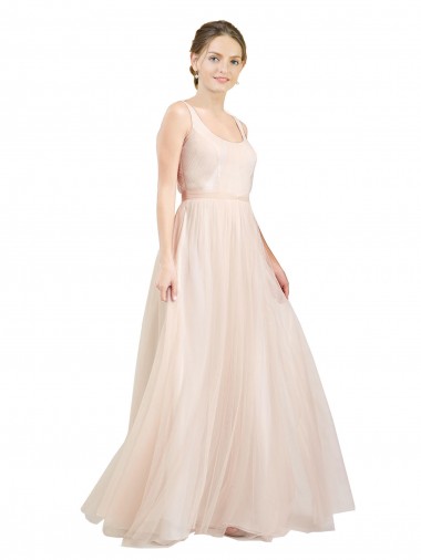 Best Scooped Neckline Long Tulle Bridesmaid Dress with Open Back