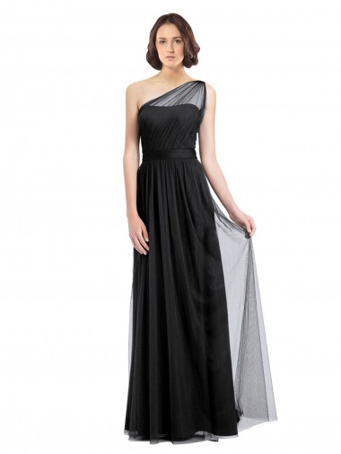 Best Ruched Long Soft Tulle Bridesmaid Dress with Sheer Netting Shoulder Strap