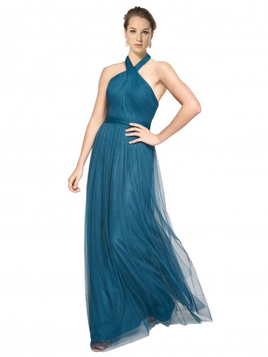 Best High Neck Halter Pleated A-Line Tulle Bridesmaid Dress