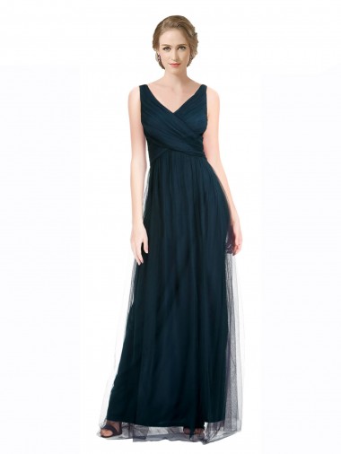 Best Full Length Long Tulle Bridesmaid Dress with V-Neck Criss-Cross Ruched Top