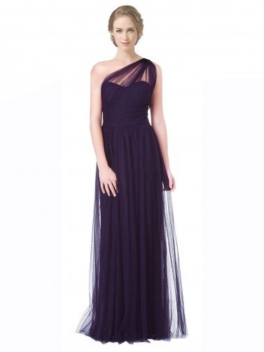 Best One Shoulder Long Tulle Bridesmaid Gown with Sheer Netting Strap