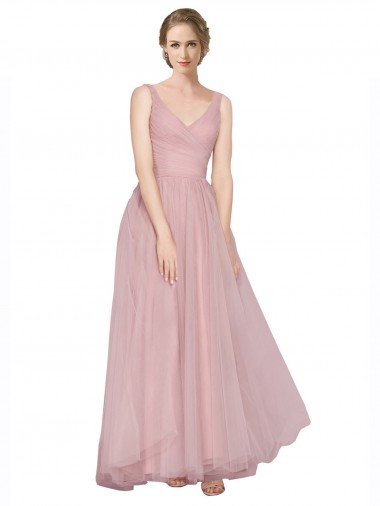 Best Long Floor Length Wide Strap Plunge Cross Over Neckline Tulle Bridesmaid Dress