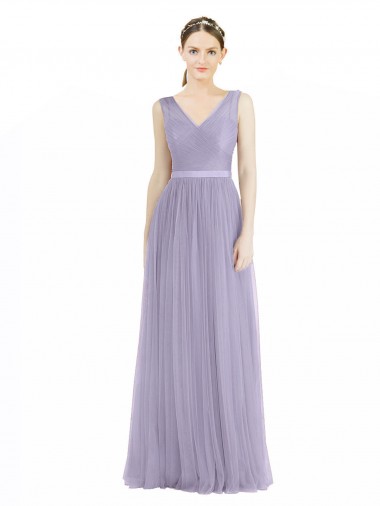 Best Wide Straps V-Neck Long Tulle Bridesmaids with Belt