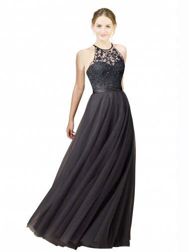 Best Sweetheart Neckline Long Sleeveless Tulle Bridesmaid Dress with Lace Bodice