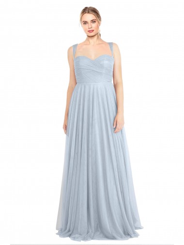 Best Sweetheart Spaghetti Straps Long Tulle Bridesmaid Dress with Criss Cross Back