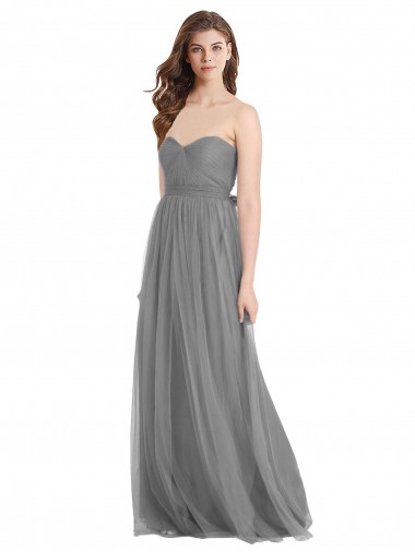 Best Shirred Strapless Bodice Long Tulle Bridesmaid Dress with Sweetheart Neckline