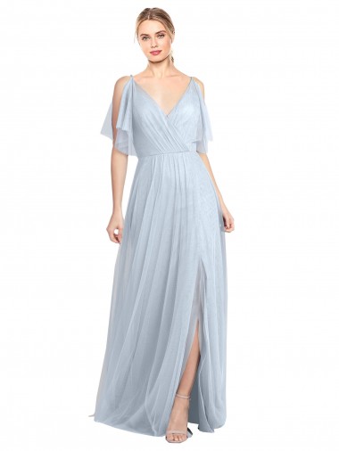 Best Floor Length Flutter Sleeves Long Tulle Bridesmaid Dress with Side Slit