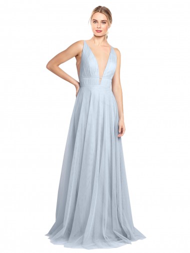 Best Plunging Deep V-Neck Long Tulle Bridesmaid Dress with V-Back