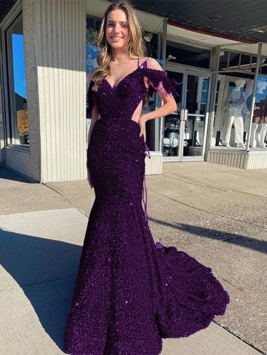 Best Cold Shoulder Sleeveless Long Court Train Velvet Sequin Prom Dress