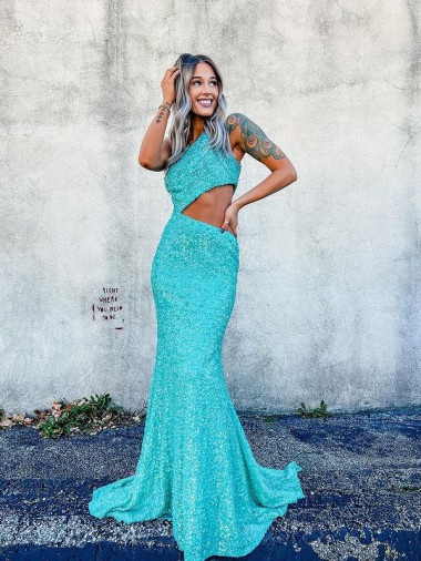 Best Mermaid One Shoulder Sleeveless Long Sweep Train Velvet Sequin Prom Dress