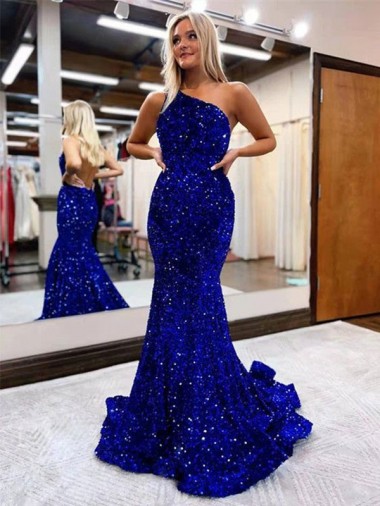 Best Mermaid One Shoulder Open Back Long Sweep Train Velvet Sequin Prom Dress