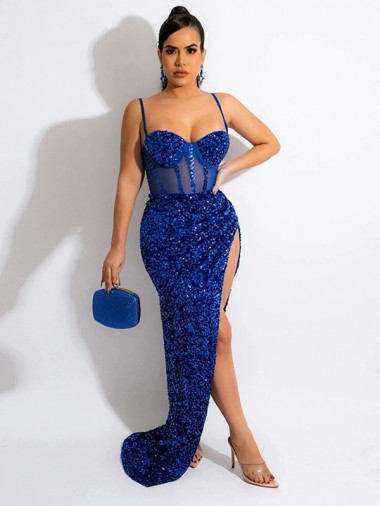 Best Long Sweep Train Spaghetti Straps Sleeveless Velvet Sequin Prom Dress with Slit