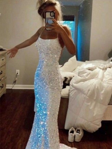 Best Long Spaghetti Straps Sleeveless Sweep Train Velvet Sequin Prom Dress