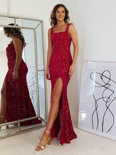 Best Square Neck Sleeveless Long Velvet Sequin Prom Dress with Slit