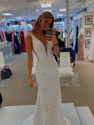 Best V-Neck Sleeveless Long Velvet Sequin Prom Dress with Sweep Train