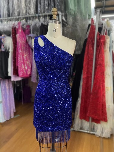 Best One Shoulder Keyhole Sleeveless Short Velvet Sequin Prom Dress