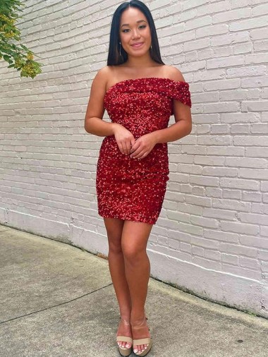 Best Short One Shoulder Sleeveless Velvet Sequin Cocktail Prom Dress