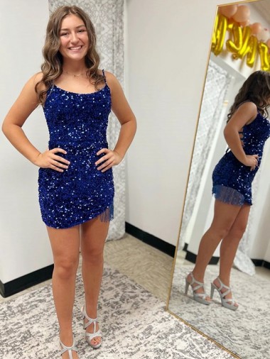 Best Spaghetti Straps Backless Sleeveless Short Velvet Sequin Prom Dress