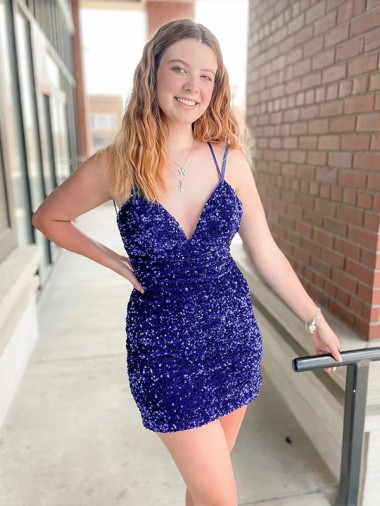 Best Sleeveless Short Velvet Sequin V-Neck Prom Dress