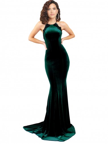 Best High Neck Formal Stretch Velvet Bridesmaid Dress / Prom Dress with Black Lace Embroidery
