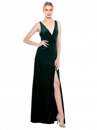 Best Sleek V-Neck Long Formal Velvet Bridesmaid Dress / Prom Dress with Side Slit
