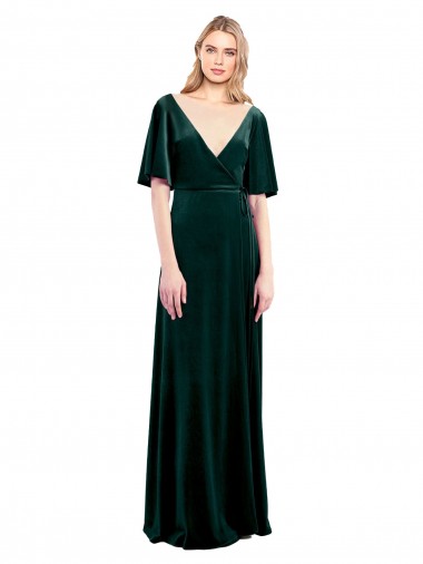 Best Deep V-Neck Flutter Sleeves Long Velvet Wrap Bridesmaid Dress / Prom Dress