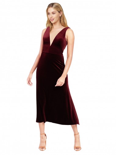 Best Daring Plunging V-Neckline Short Midi Cocktail Length Velvet Bridesmaid Dress / Prom Dress