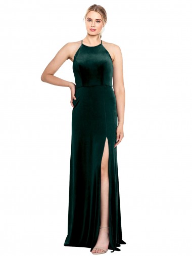 Best Long Jewel Neck Full Length Velvet Bridesmaid Dress / Prom Dress with Side Slit
