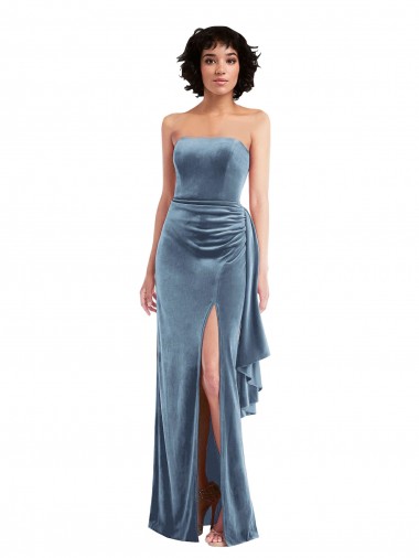 Best Strapless Formal Velvet Maxi Bridesmaid Dress / Prom Dress with Draped Skirt